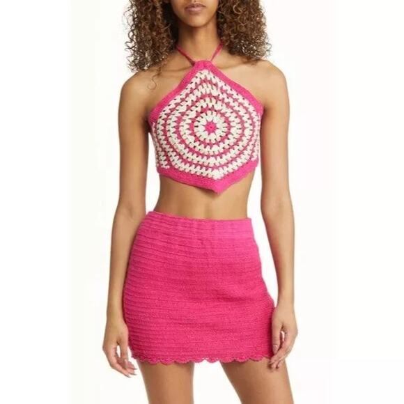 NEW BP. NORDSTROM Pink White Crochet Handkerchief Halter Top Size M - Picture 1 of 6